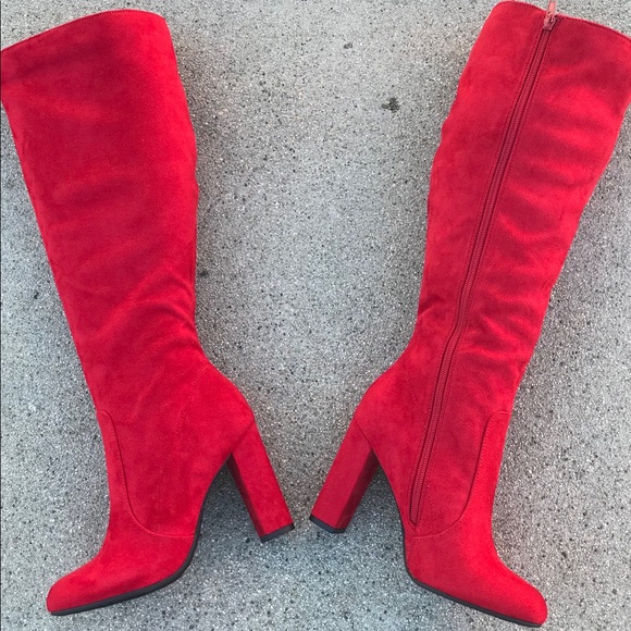 Restock Soda Red Knee High chunk heeled suede Boot - Picture 2 of 5